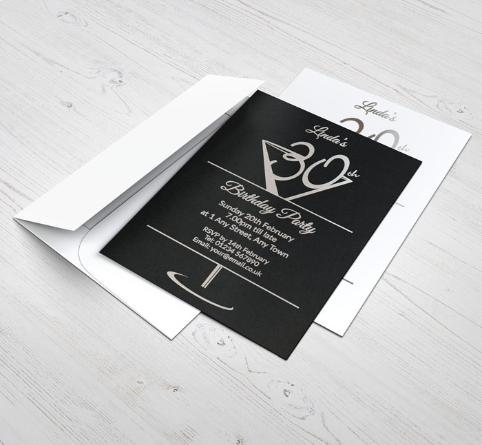 silver foil cocktail glass 30th invitations