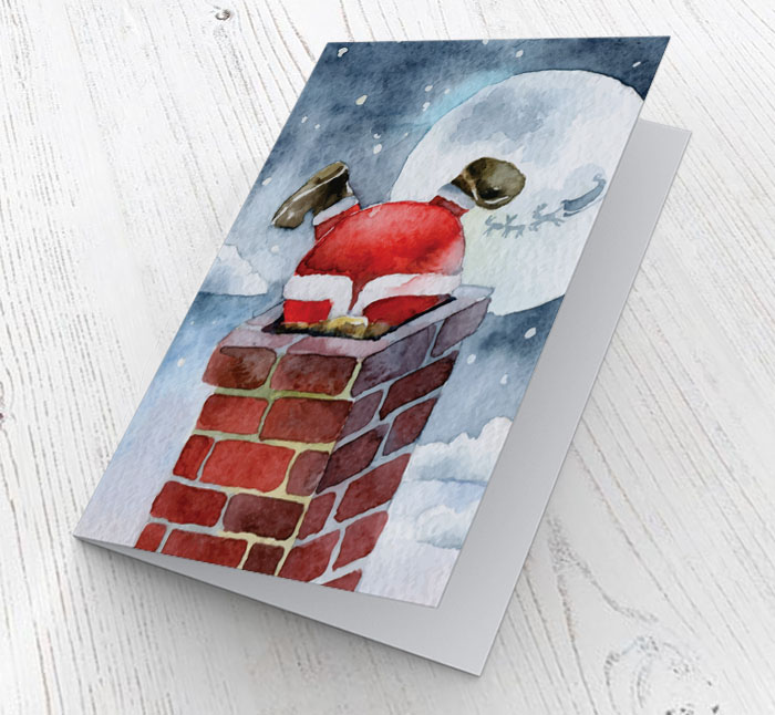 santa down chimney christmas card