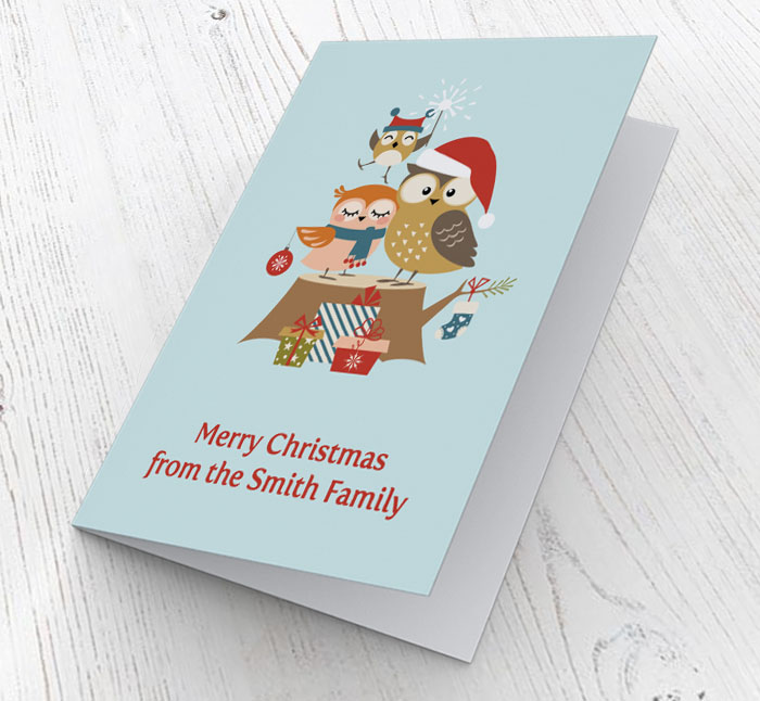 owls and presents christmas card