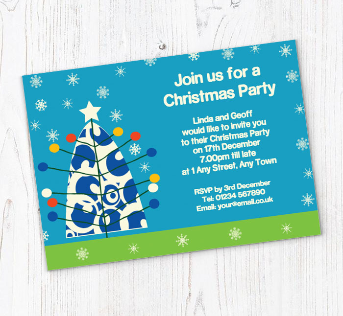 blue xmas tree party invitations