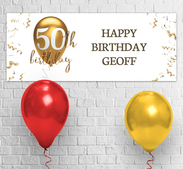 50th gold birthday balloon party banner