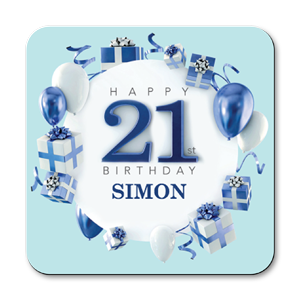 personalised blue happy 21st birthday gift coasters