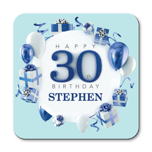 personalised blue happy 30th birthday gift coasters