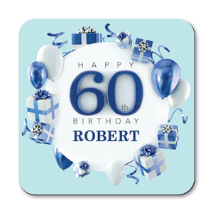 personalised blue happy 60th birthday gift coasters