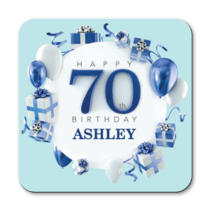 personalised blue happy 70th birthday gift coasters