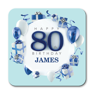 personalised blue happy 80th birthday gift coasters
