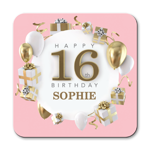 personalised pink happy 16th birthday gift coasters