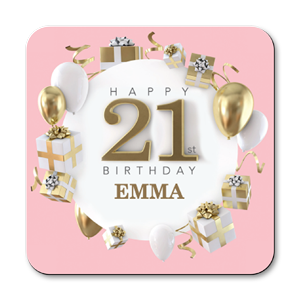 personalised pink happy 21st birthday gift coasters