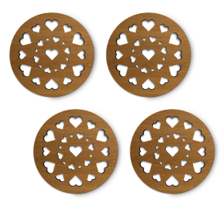 set of 4 laser cut round hearts wooden coasters