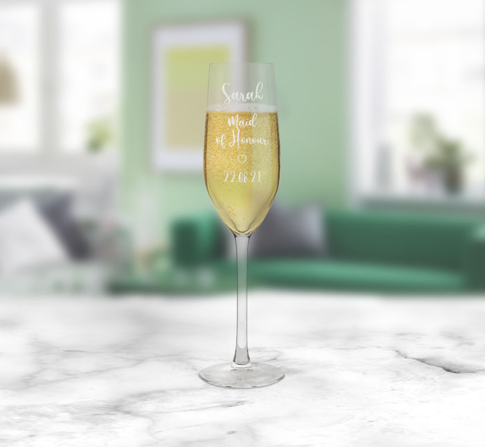 Personalised Maid of Honour Champagne Flute Personalise Online With Fast Dispatch Putty Print