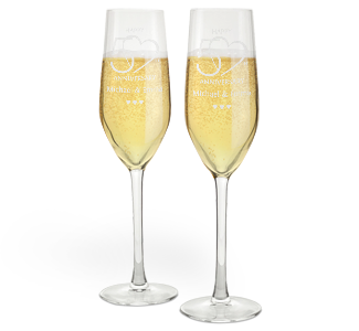 personalised pair of 50th golden wedding anniversary champagne flutes