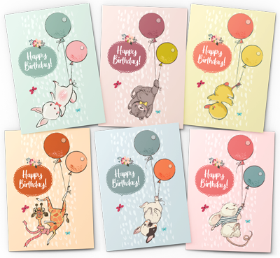 animals with balloons birthday card pack
