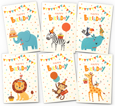 jungle animals birthday card pack