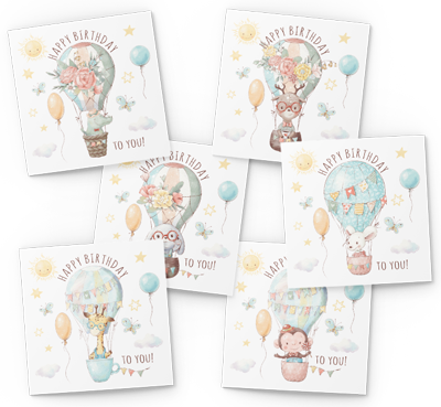 animals in hot air balloon birthday card pack