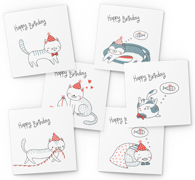 cartoon cats in party hats birthday card pack