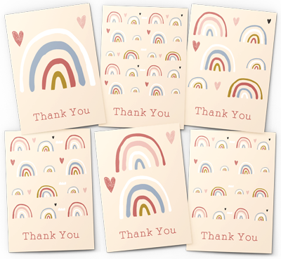rainbows and hearts thank you card pack
