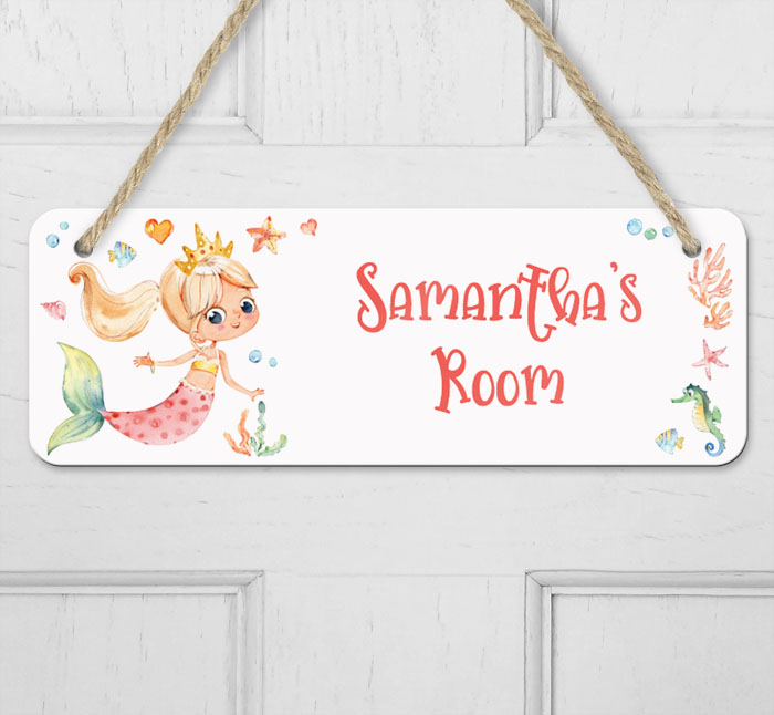 personalised swimming mermaid hanging door sign