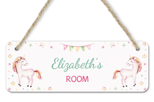 personalised watercolour unicorn hanging door sign