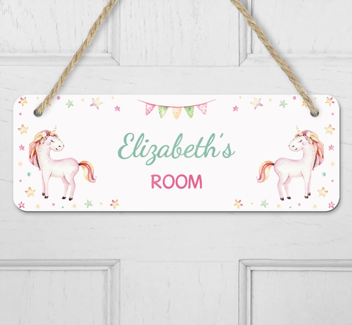 personalised watercolour unicorn hanging door sign