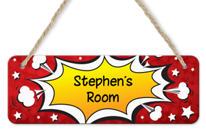 personalised comic boom hanging door sign