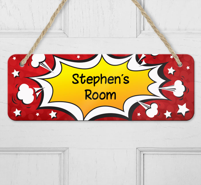 personalised comic boom hanging door sign