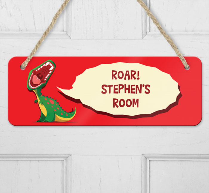 personalised dinosaur roar hanging door sign