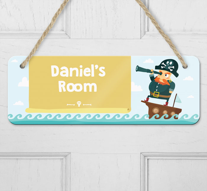 personalised pirate on ship hanging door sign
