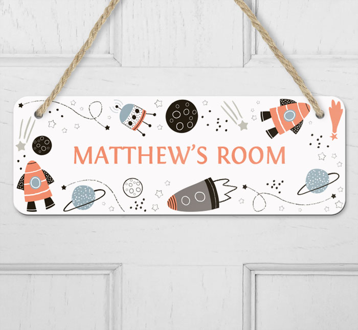 personalised rockets and planets hanging door sign