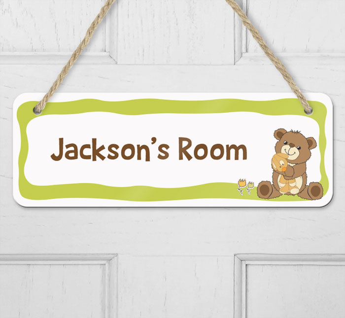 personalised teddy bear hanging door sign