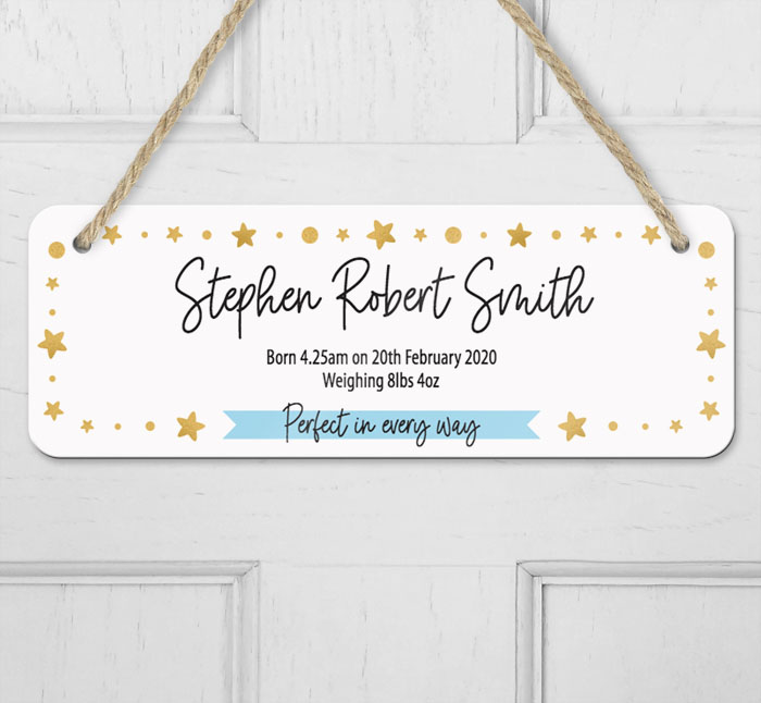 personalised new baby boy hanging door sign