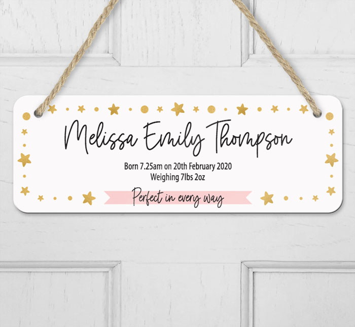 personalised new baby girl hanging door sign