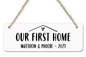 personalised our first home hanging door sign