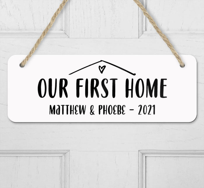 personalised our first home hanging door sign