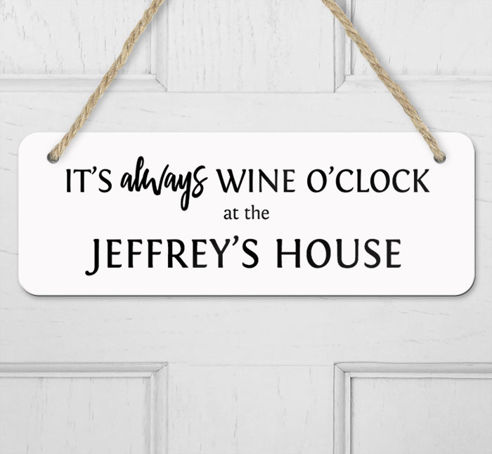 personalised it's always wine o'clock hanging door sign