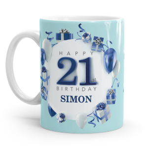personalised blue happy 21st birthday gift mug