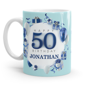 personalised blue happy 50th birthday gift mug