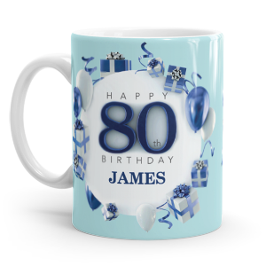 personalised blue happy 80th birthday gift mug
