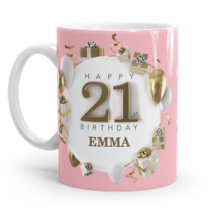 personalised pink happy 21st birthday gift mug