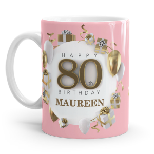 personalised pink happy 80th birthday gift mug