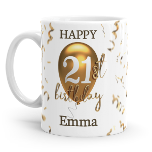 personalised 21st birthday gold balloon gift mug