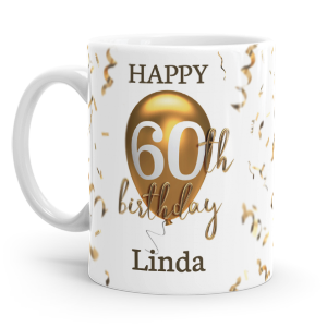 personalised 60th birthday gold balloon gift mug
