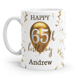 personalised 65th birthday gold balloon gift mug