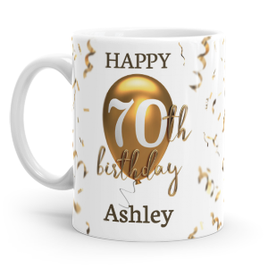 personalised 70th birthday gold balloon gift mug