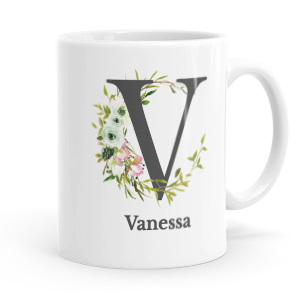 personalised floral initial letter v mug