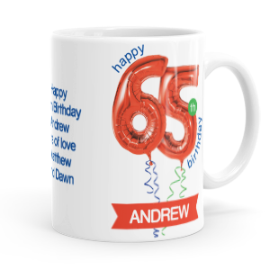 personalised happy 65th birthday red balloon mug