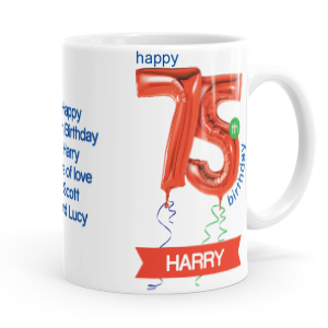 personalised happy 75th birthday red balloon mug