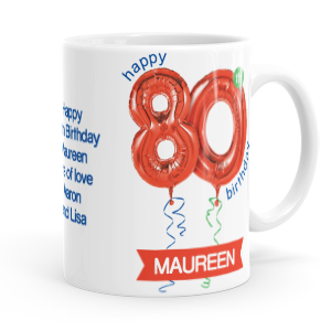 personalised happy 80th birthday red balloon mug