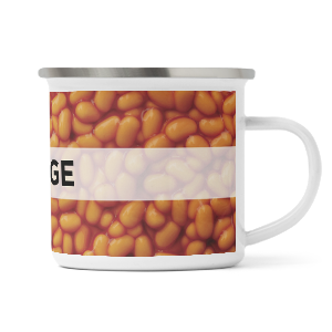 personalised baked beans enamel mug