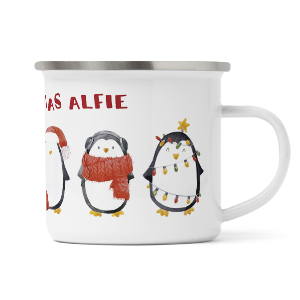 personalised christmas penguins enamel mug