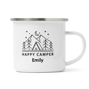 personalised happy camper enamel mug